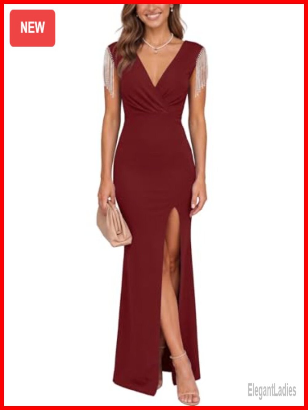 V Neck Rhinestone Fringe Trim Sleeveless Maxi Formal Evening Prom Dress Split